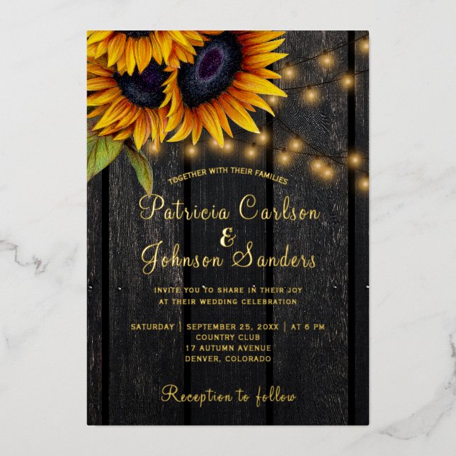 Gold foil rustic sunflowers barn wood wedding (Front)