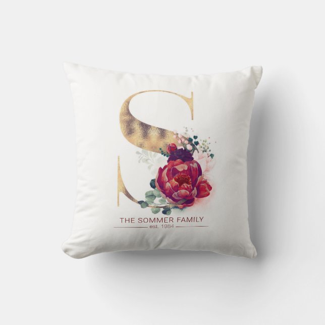 Gold Foil S Monogram Floral Burgundy Red Cushion (Front)
