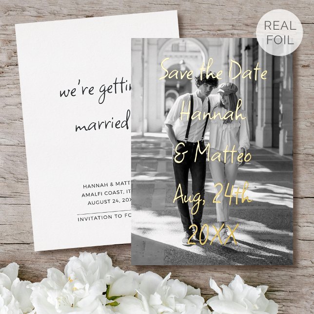 Gold Foil Save the Date Wedding Photo Chic Script (Creator Uploaded)