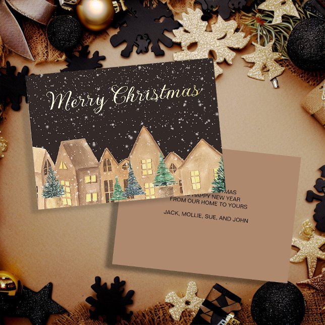 Gold Foil Scandinavian Village Houses Christmas Foil Holiday Card (Scandinavian village gold foil Christmas greeting card personalized with your own message )