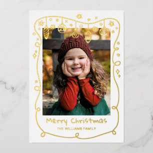 Gold Foil Scribbled Baubles Photos Merry Christmas Foil Holiday Card