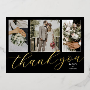 Gold Foil Script 3-Photo Wedding Thank You Card