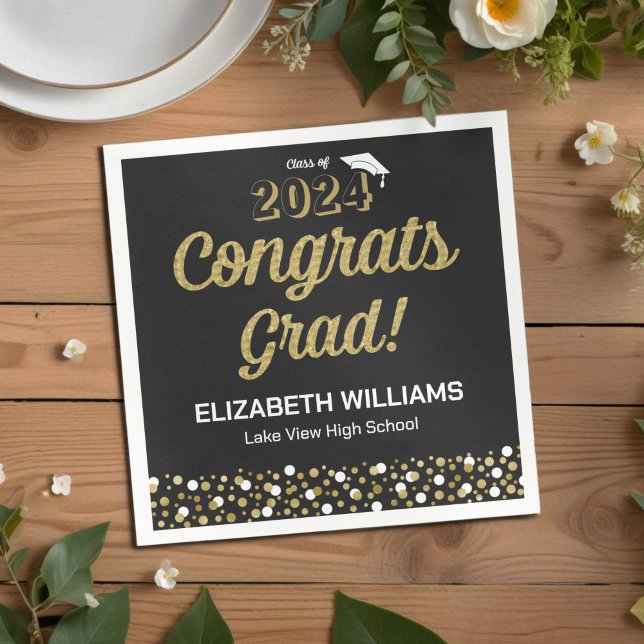 Gold Foil Script Confetti Congrats Grad Black Napkin (Creator Uploaded)