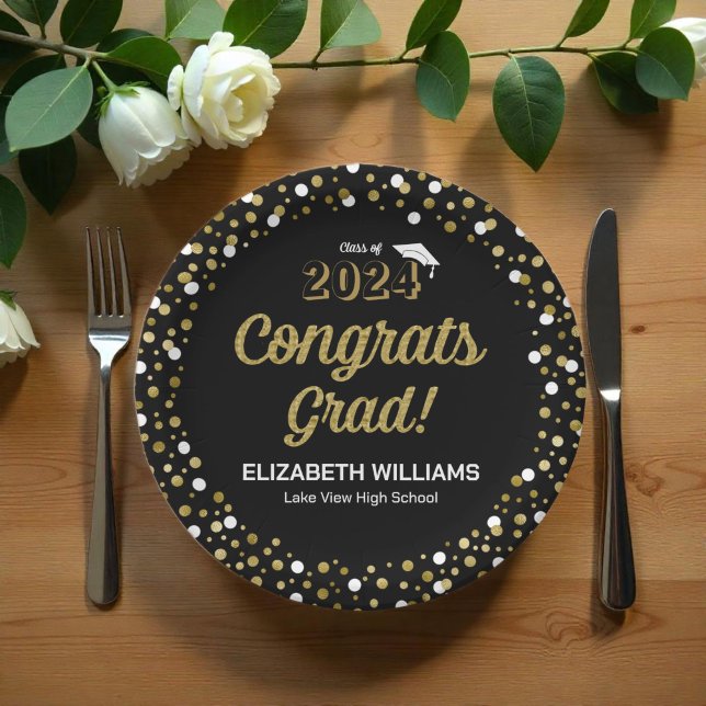 Gold Foil Script Confetti Congrats Grad Black Paper Plate (Creator Uploaded)