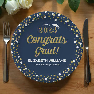 Gold Foil Script Confetti Congrats Grad Blue Paper Plate