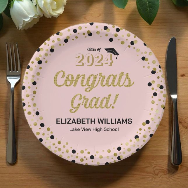 Gold Foil Script Confetti Congrats Grad Pink Paper Plate (Creator Uploaded)