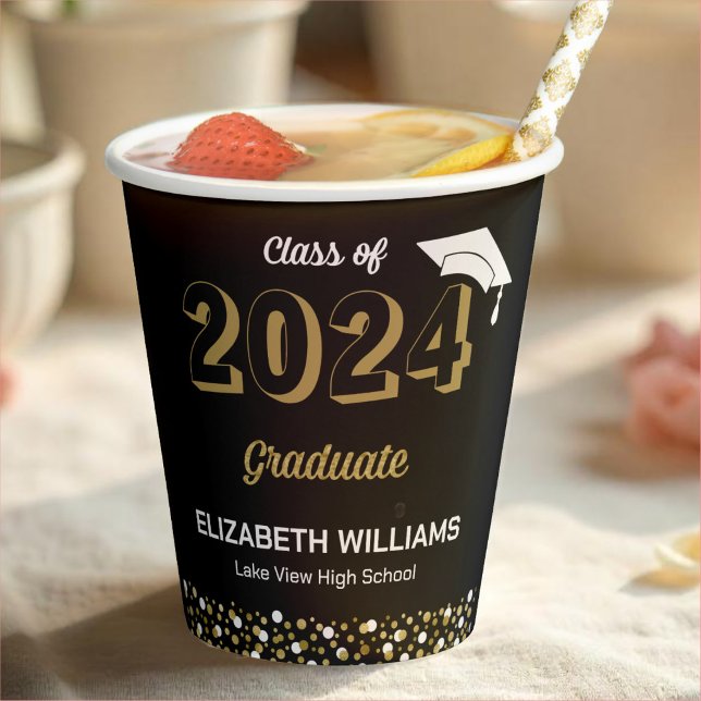 Gold Foil Script Confetti Graduation Party Black Paper Cups (Creator Uploaded)