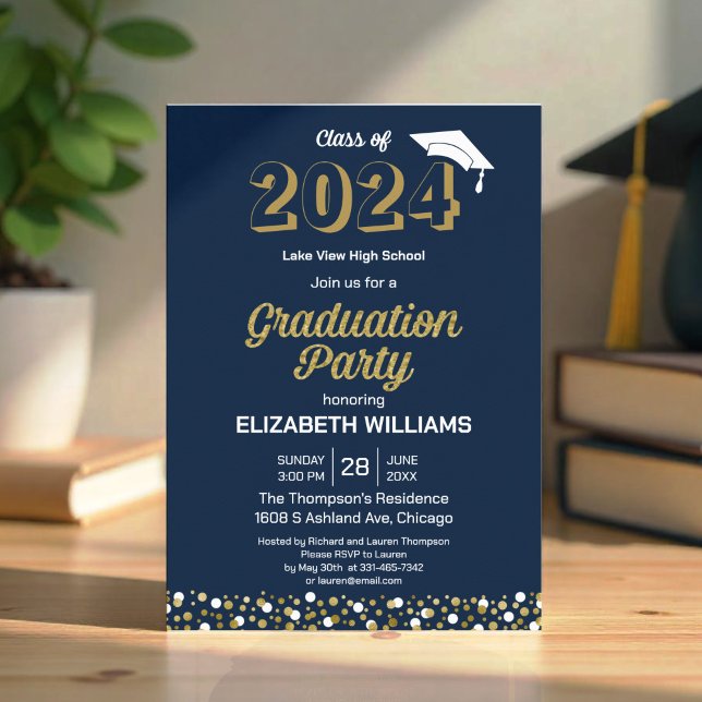 Gold Foil Script Confetti Graduation Party Blue  Invitation (Creator Uploaded)
