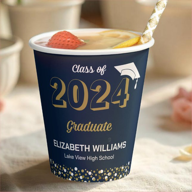 Gold Foil Script Confetti Graduation Party Blue Paper Cups (Creator Uploaded)