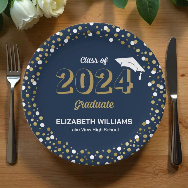 Gold Foil Script Confetti Graduation Party Blue Paper Plate (Creator Uploaded)