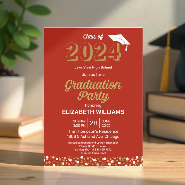 Gold Foil Script Confetti Graduation Party Red  Invitation (Creator Uploaded)