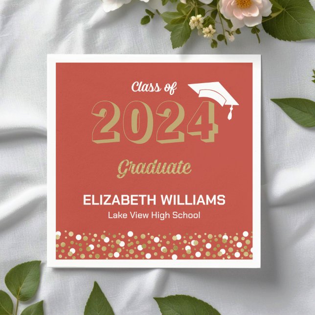 Gold Foil Script Confetti Graduation Party Red Napkin (Creator Uploaded)