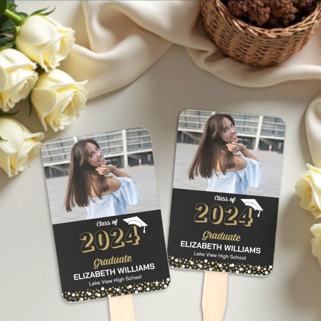 Gold Foil Script Confetti Photo Black Grad Hand Fan (Creator Uploaded)