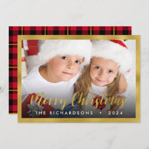 Gold Foil Script Merry Christmas Family Photo Holi Holiday Card