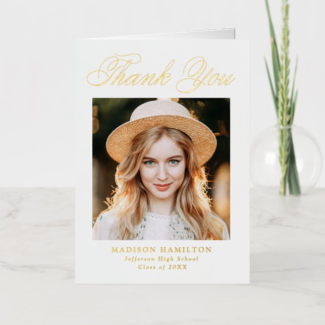 Gold Foil Script Photo Graduation Thank You Card (Front)