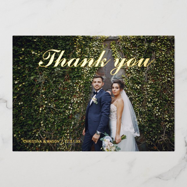 Gold foil script wedding photo thank you card (Front)