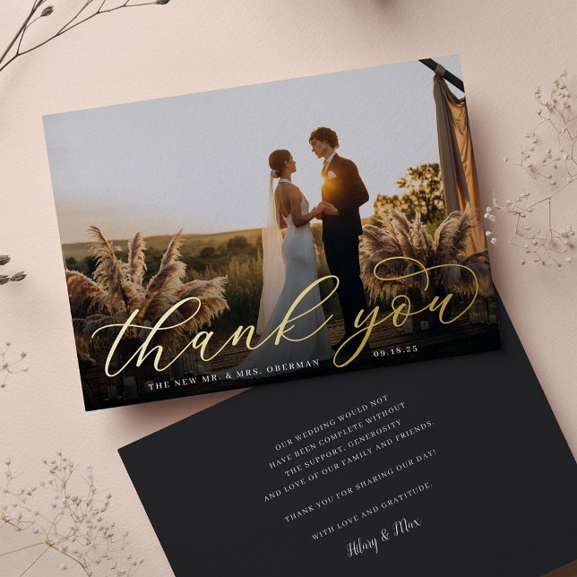 Gold Foil Script Wedding Photo Thank You Card (Creator Uploaded)
