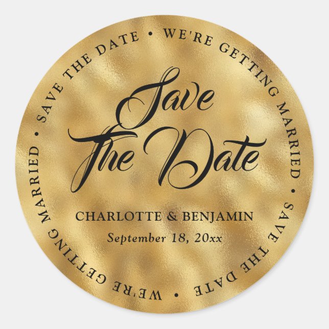 Gold Foil Script Wedding Save The Date Classic Round Sticker (Front)