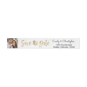 Gold Foil Script Wedding Save the Date Photo Wraparound Address Label