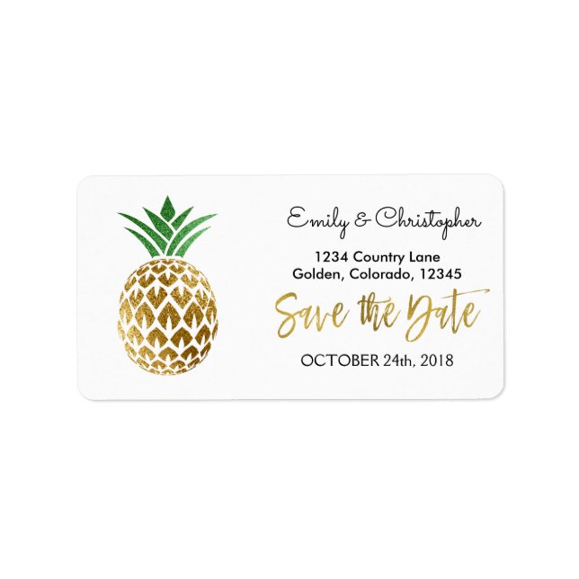 Gold Foil Script Wedding Save the Date Pineapple Label (Front)