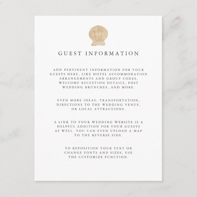 Gold foil Seashell coastal wedding guest Details Enclosure Card (Front)
