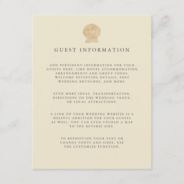 Gold foil Seashell coastal wedding guest Details Enclosure Card (Front)