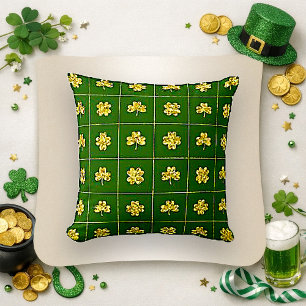 Gold Foil Shamrock Green Grid Pattern Cushion