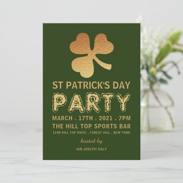 Gold Foil Shamrock, St Patrick's Day Party Invitation (Standing Front)