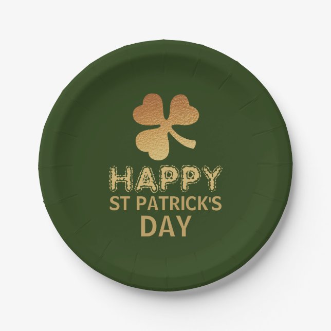 Gold Foil Shamrock, St Patrick's Day Party Paper Plate (Front)