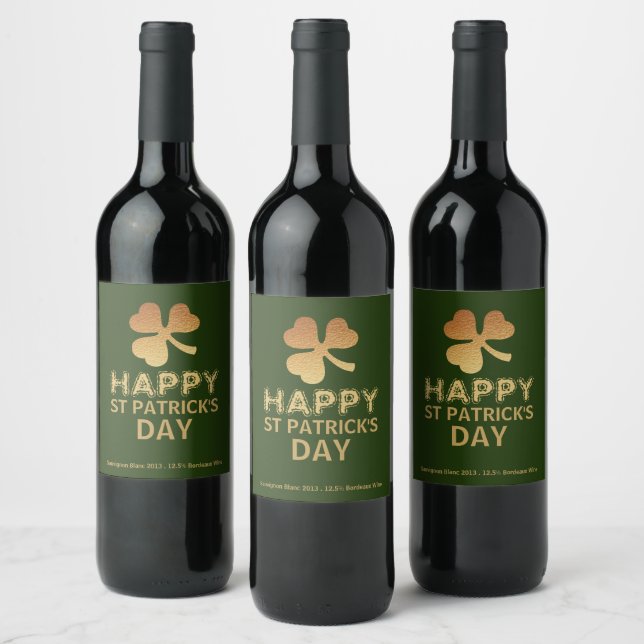 Gold Foil Shamrock, St Patrick's Day Party Wine Label (Bottles)