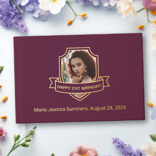 Gold Foil Shield on Burgundy Photo Birthday Guest Book