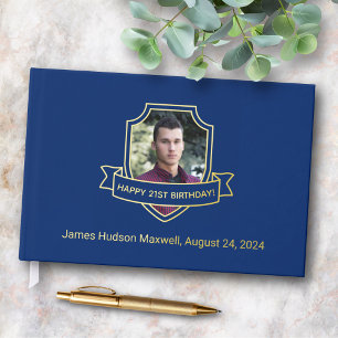 Gold Foil Shield on Royal Blue Photo Birthday Guest Book