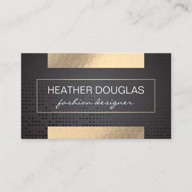 Gold Foil Shine | Triangle Pattern Black Metallic Business Card (Front)