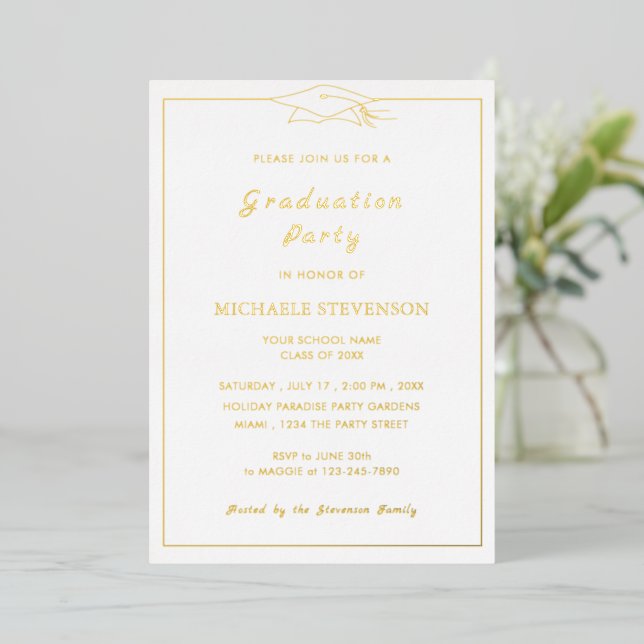 Gold Foil Shiny Luxury Graduation Party Invitation (Standing Front)