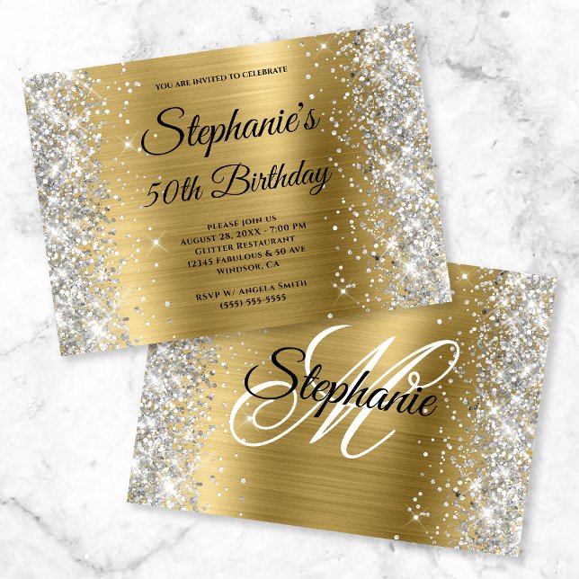 Gold Foil Silver Glitter Monogram Birthday Invitation (Creator Uploaded)