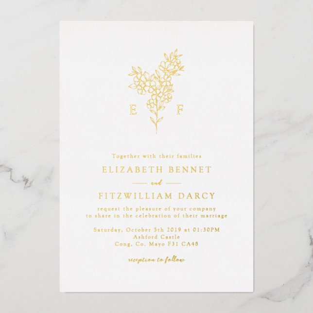 Gold Foil Simple Cherry Blooming Blossom Monogram  (Front)