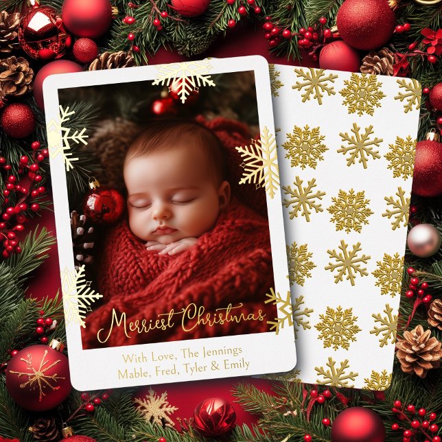 Gold Foil Snowflakes and Family Photo Personalised Holiday Card (Creator Uploaded)