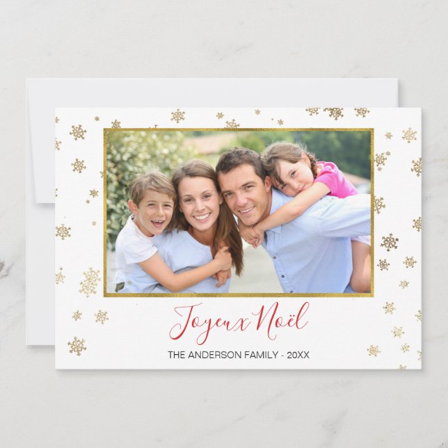 Gold Foil Snowflakes Joyeux Noël Photo Card (Front)