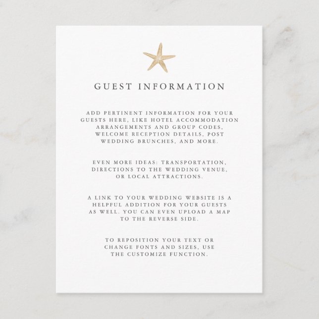 Gold foil Starfish coastal wedding guest Details Enclosure Card (Front)