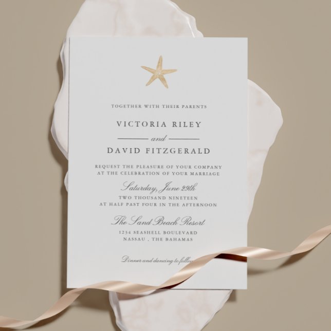 Gold Foil Starfish Elegant Ocean Beach wedding Invitation (Creator Uploaded)