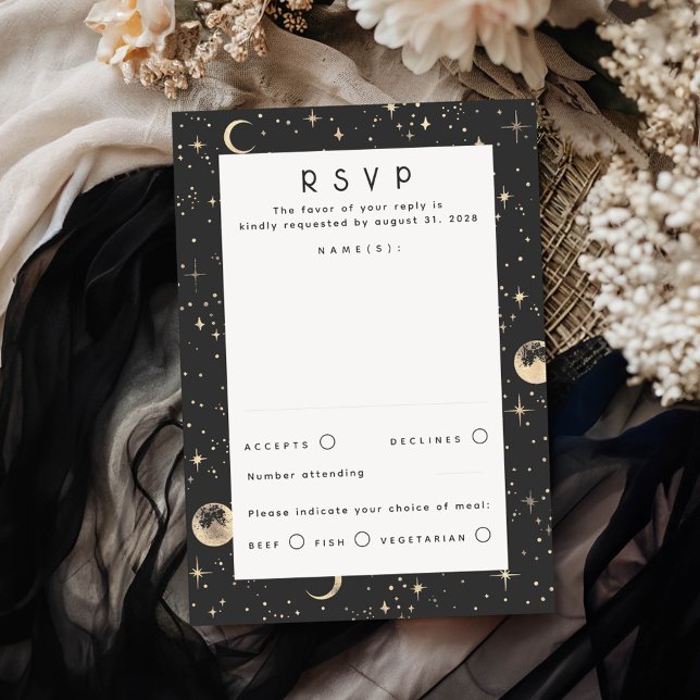 Gold Foil Stars Celestial Wedding RSVP (Black Celestial RSVP Card)