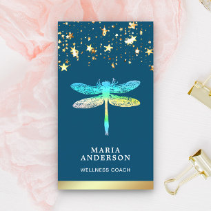 Gold Foil Stars Confetti Blue Dragonfly Business Card