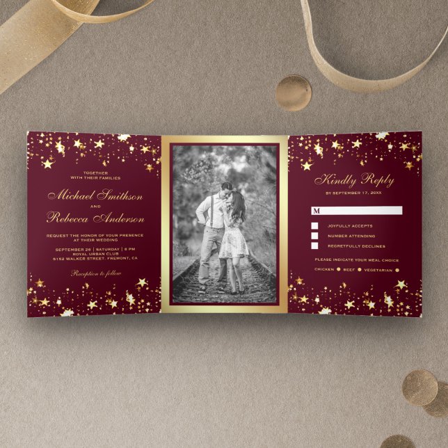 Gold Foil Stars Confetti Burgundy Wedding Tri-Fold Invitation (Creator Uploaded)