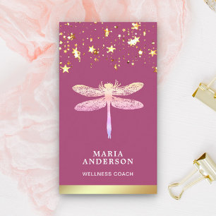 Gold Foil Stars Confetti Pink Dragonfly Business Card