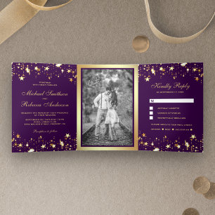 Gold Foil Stars Confetti Purple Wedding Tri-Fold Invitation