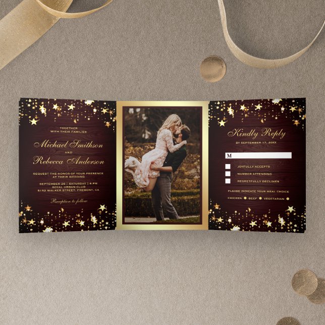 Gold Foil Stars Confetti Rustic Barn Wood Wedding Tri-Fold Invitation (Creator Uploaded)
