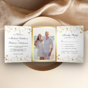 Gold Foil Stars Confetti White Wedding Tri-Fold Invitation