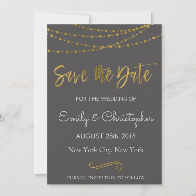 Gold Foil String Lights and Script Save the Date (Front)
