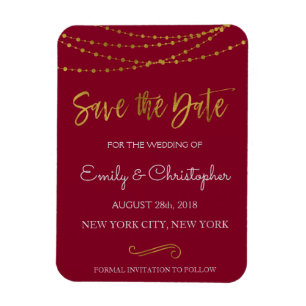 Gold Foil String Lights and Script Save the Date Magnet