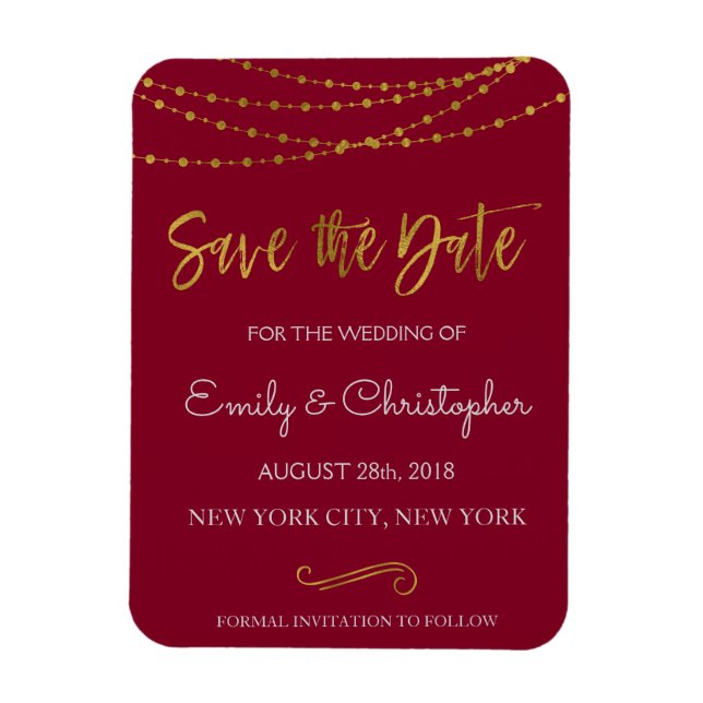 Gold Foil String Lights and Script Save the Date Magnet (Vertical)
